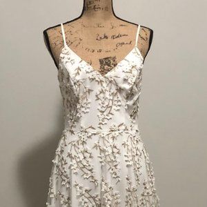Metallic Floral Lace V-Neck Cocktail Midi Dress